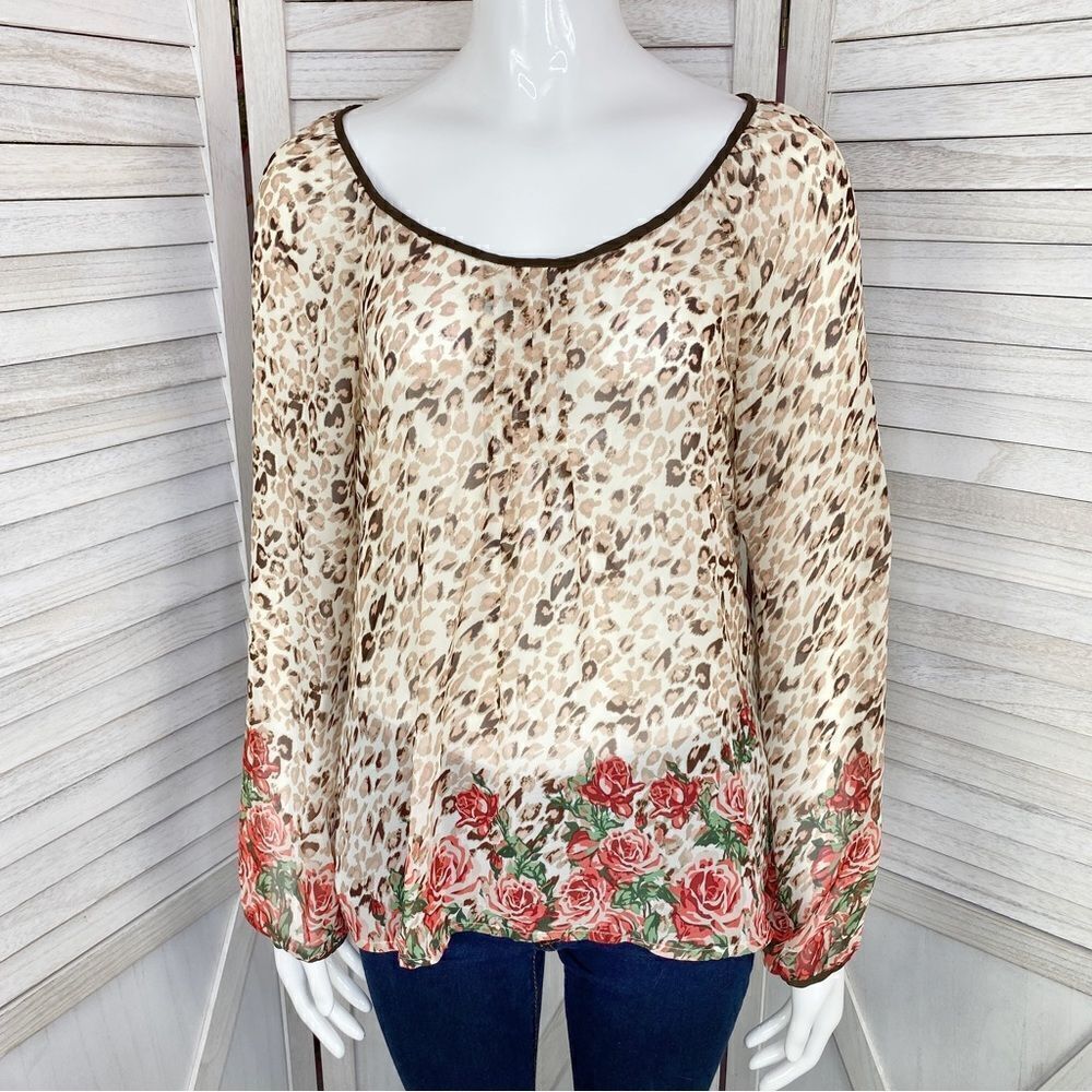 Blu Pepper Leopard Roses Print Sheer Blouse Small‎ Beige Red Back Cutout